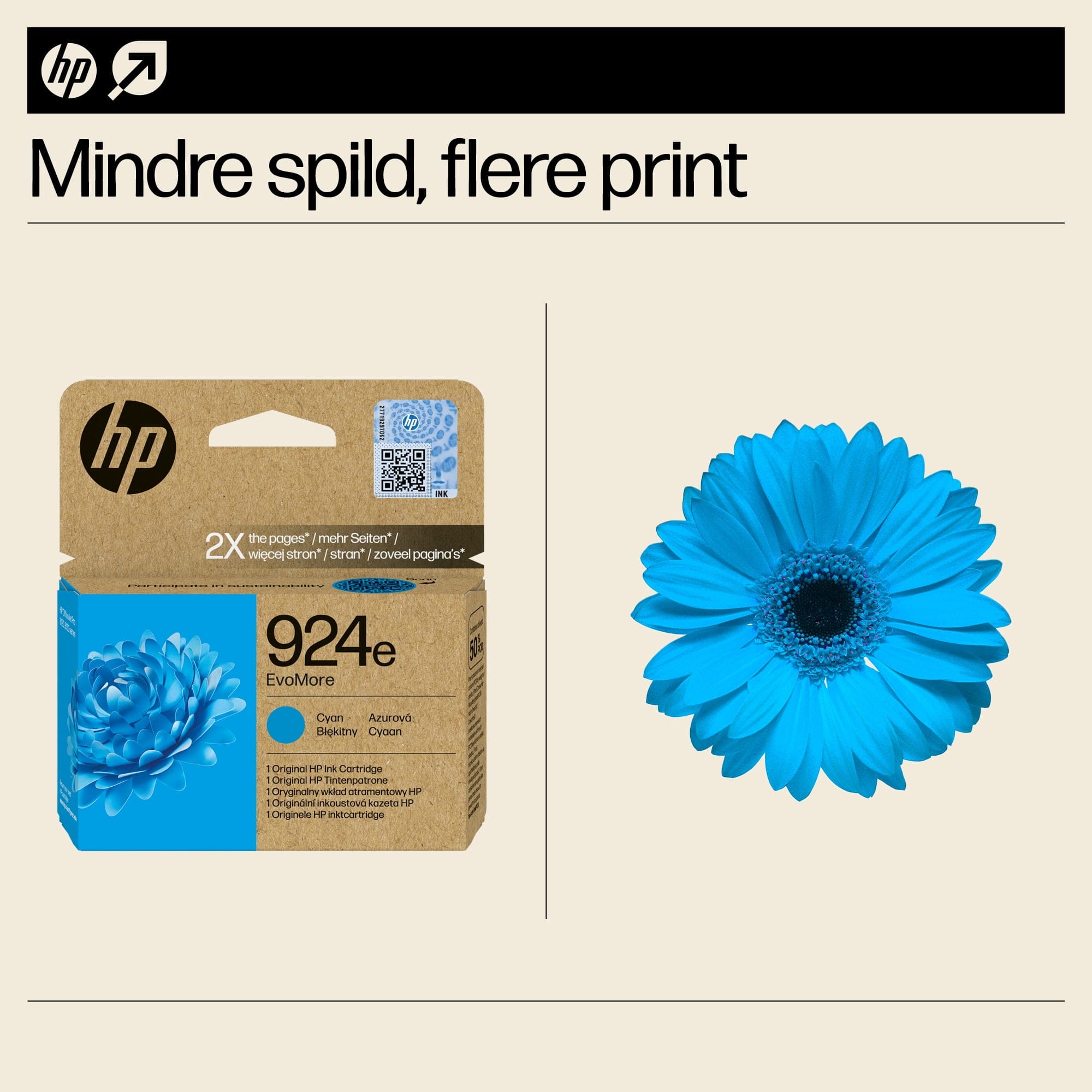 HP 924e EvoMore Cyan Original Ink Cartridge blækpatron 1 stk Blå