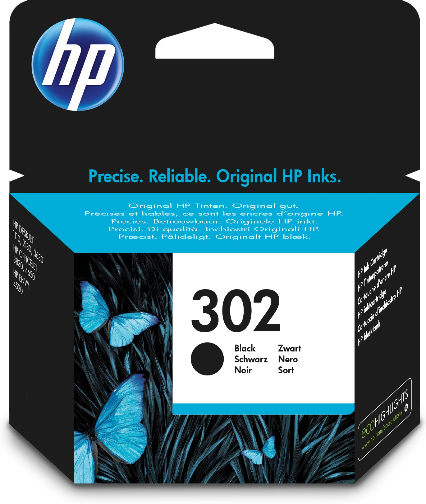 HP 302 Black Original Ink Cartridge blækpatron 1 stk Standard udbytte
