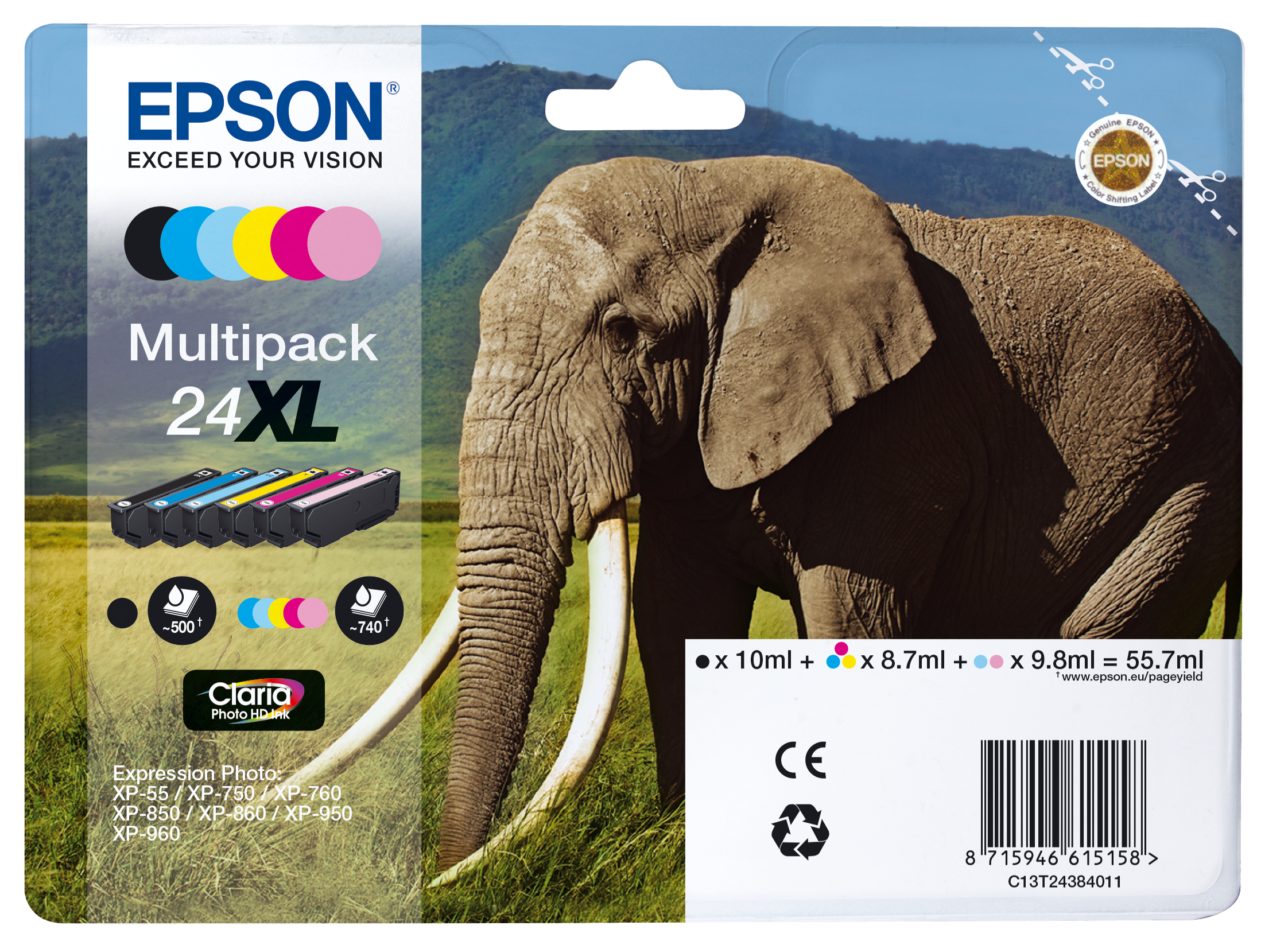 Epson Elephant C13T24384011 blækpatron 6 stk Original Højt (XL) udbytte Sort, Blå, Lys cyan, Magenta, Lys magenta, Gul