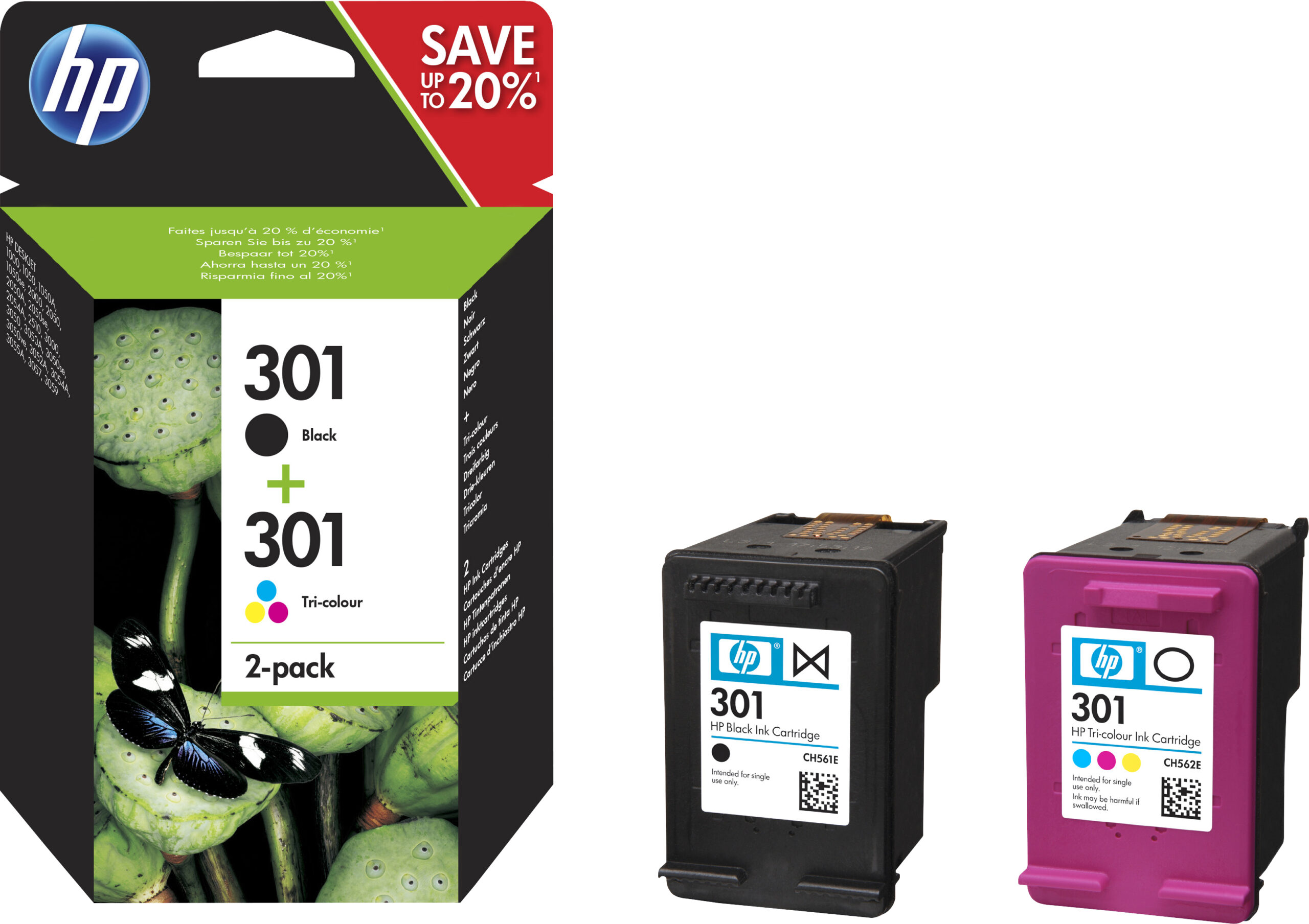 HP 301 2-pack Sort/Tri-color blækpatron (Blå, Magenta, Gul) - Original