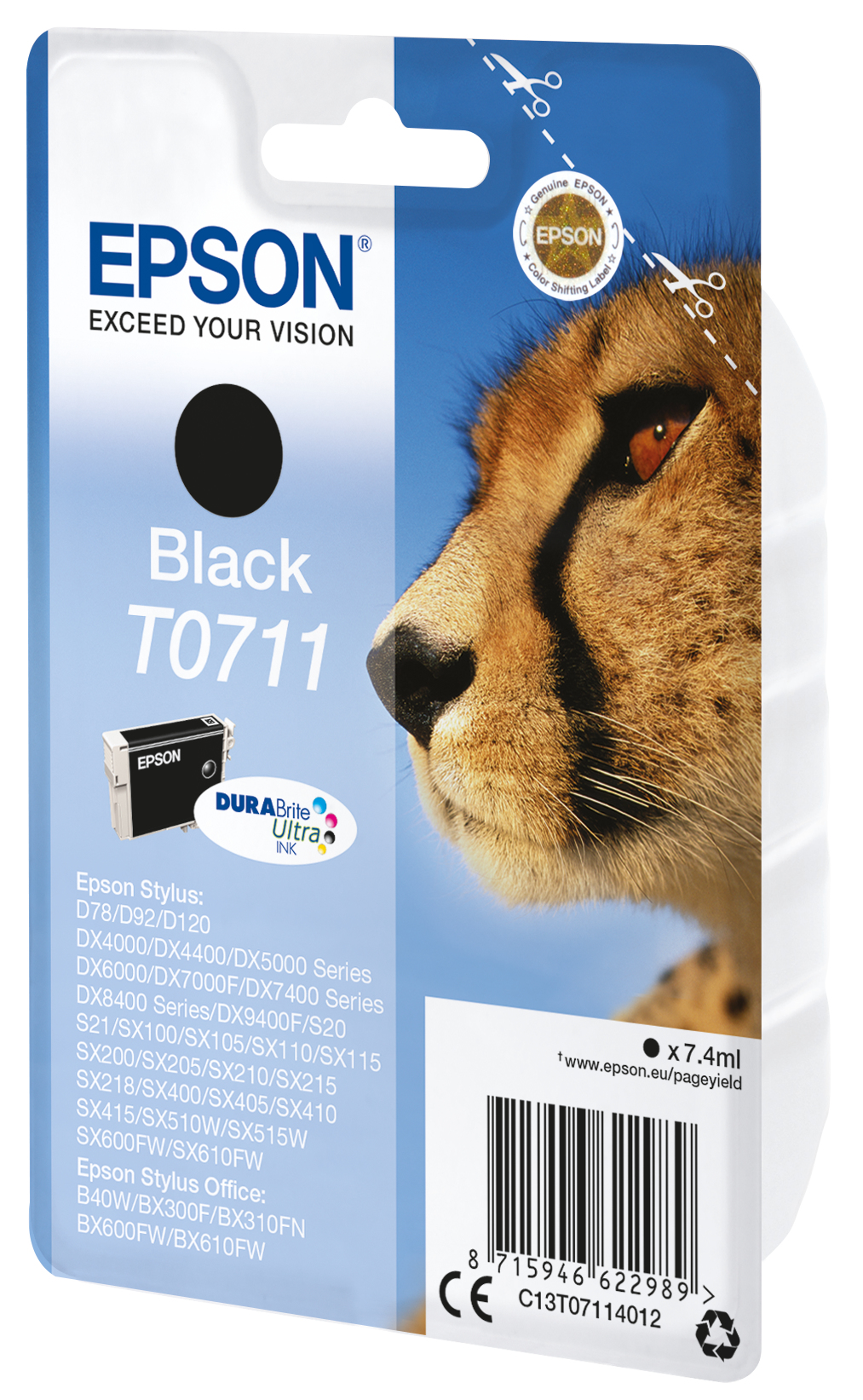 Epson Cheetah Singlepack Black T0711 DURABrite Ultra Ink blækpatron 1 stk Original Standard udbytte Sort - Billede 2