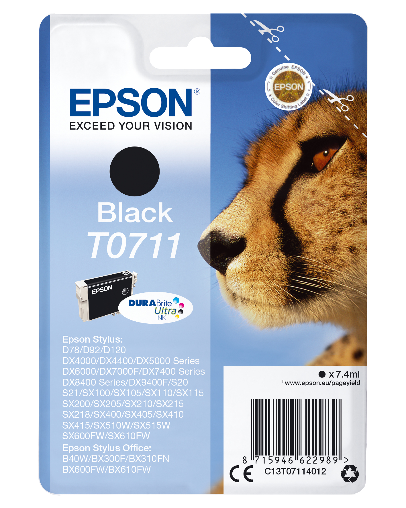 Epson Cheetah Singlepack Black T0711 DURABrite Ultra Ink blækpatron 1 stk Original Standard udbytte Sort