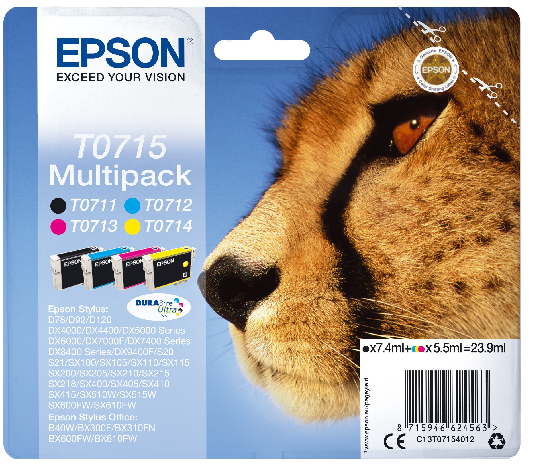 Epson T0715 blækpatron 1 stk Original Standard udbytte Sort, Blå, Magenta, Gul