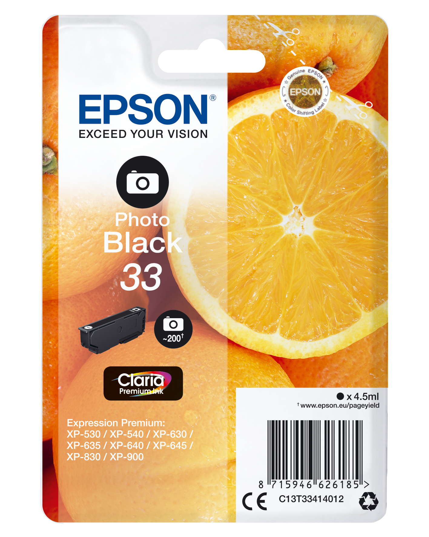 Epson Oranges C13T33414012 blækpatron 1 stk Original Standard udbytte Foto sort