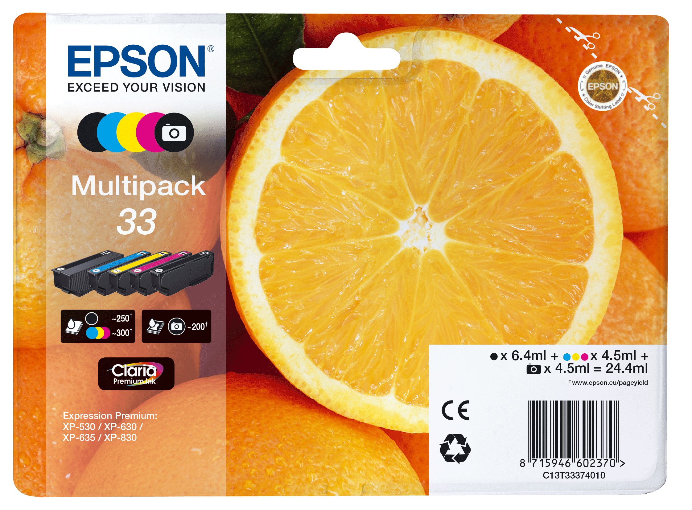 Epson Oranges C13T33374011 blækpatron 1 stk Original Standard udbytte Sort, Foto sort, Blå, Magenta, Gul