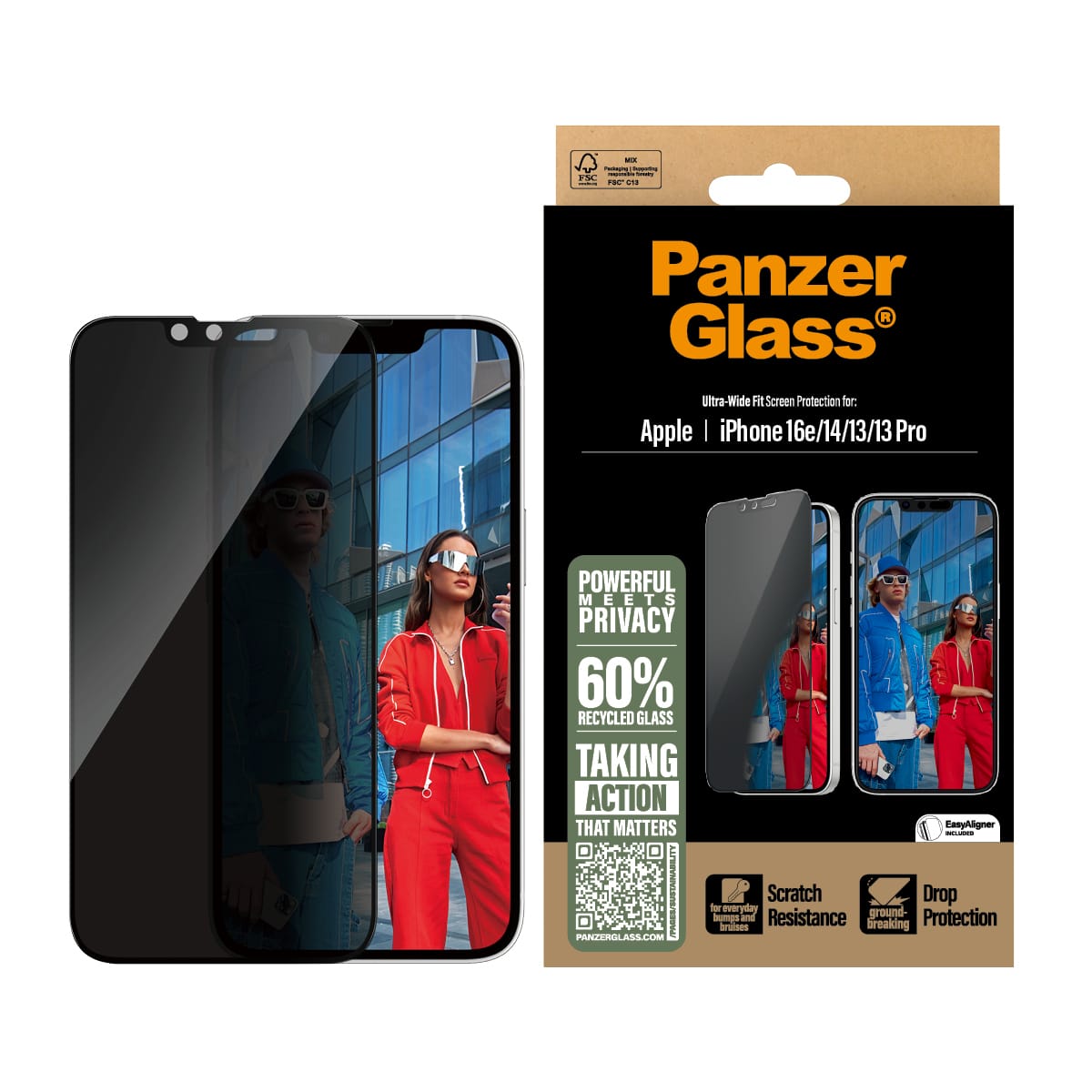 PanzerGlass ® Privacy Screen Protector iPhone 16e | 14 | 13 | 13 Pro | Ultra-Wide Fit w. Aligner Klar skærmbeskytter Apple 1 stk - Billede 2