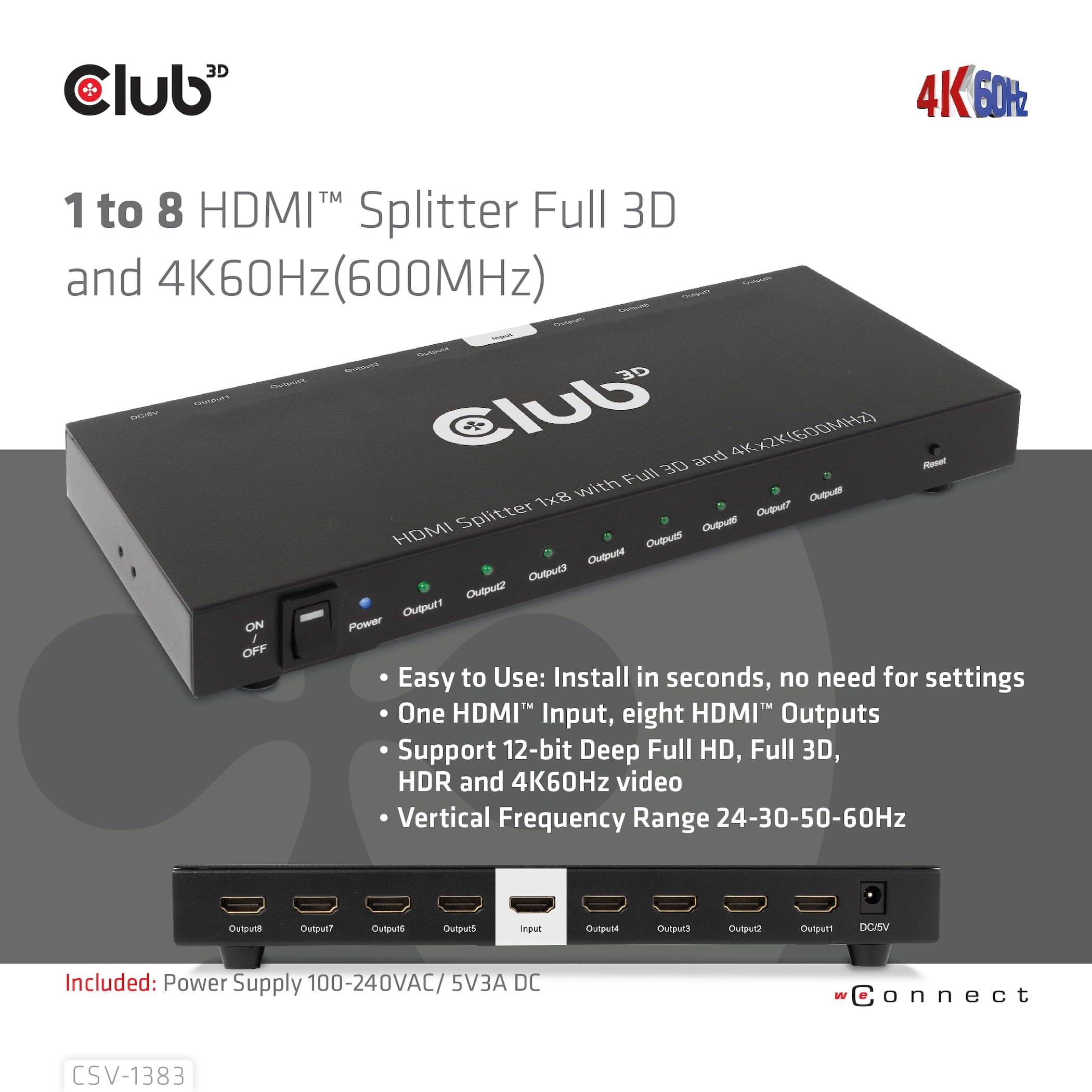 CLUB3D CSV-1383 video-splitter HDMI 8x HDMI - Billede 8