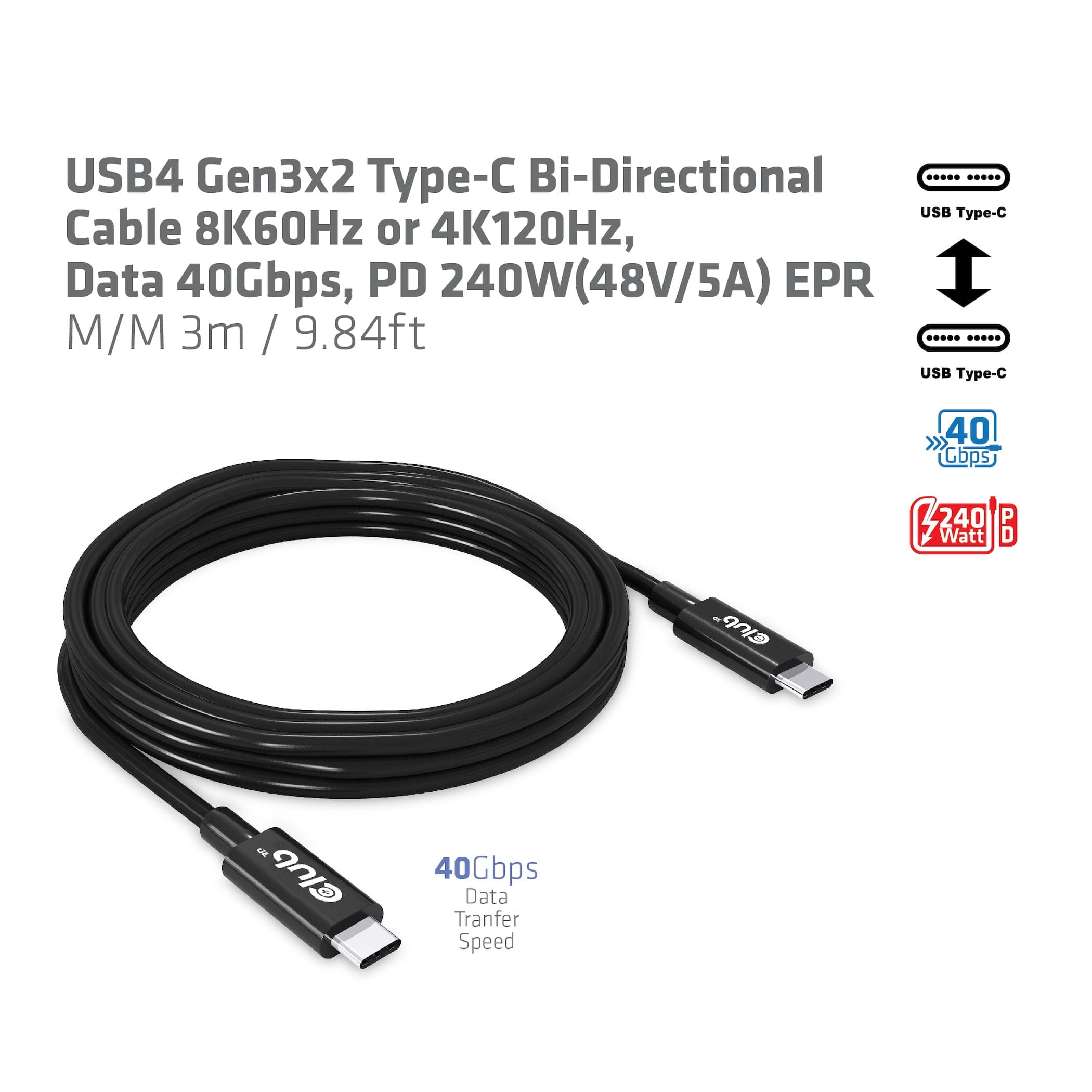CLUB3D CAC-1579 USB-kabel 3 m USB4 Gen 3x2 USB C Sort - Billede 5