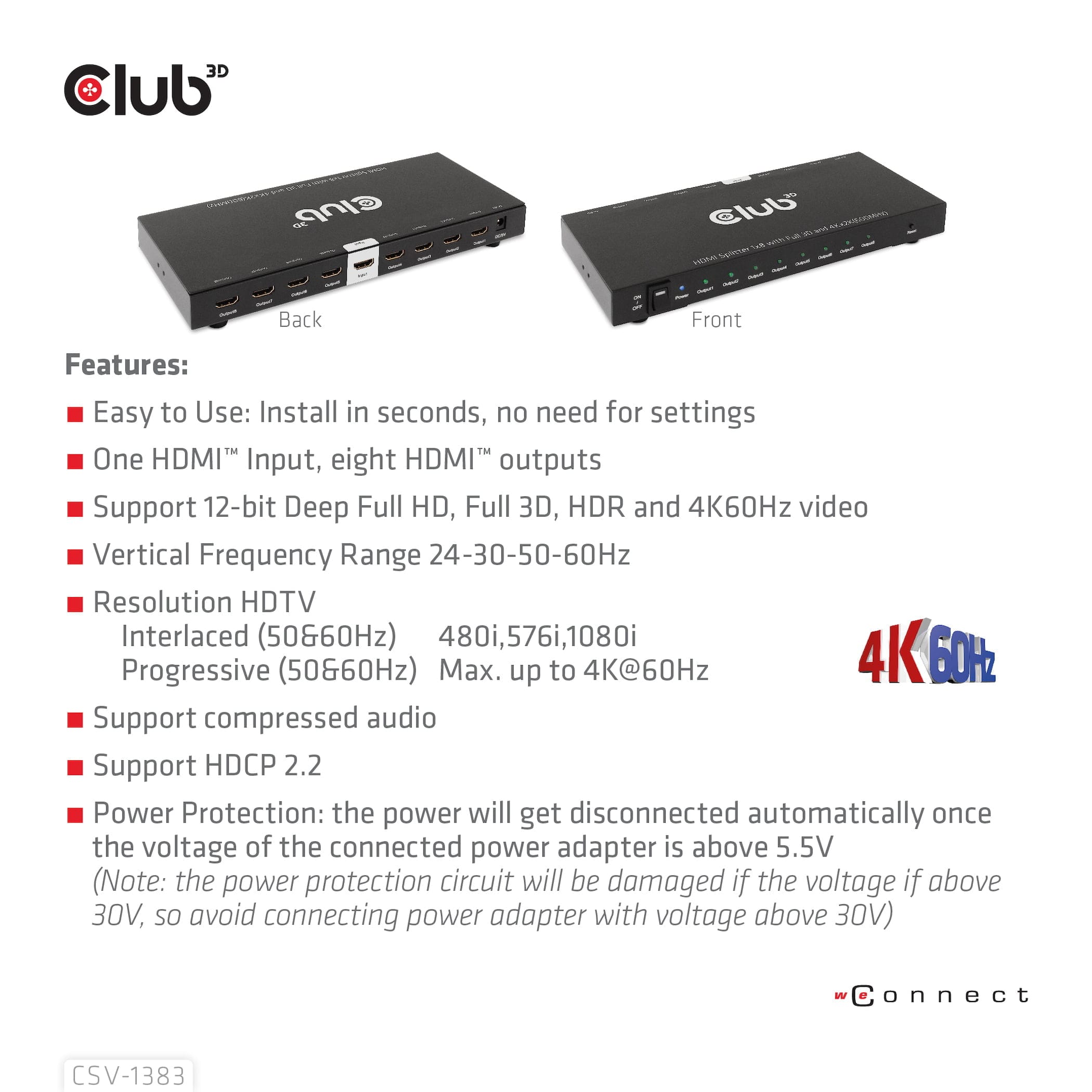 CLUB3D CSV-1383 video-splitter HDMI 8x HDMI - Billede 12