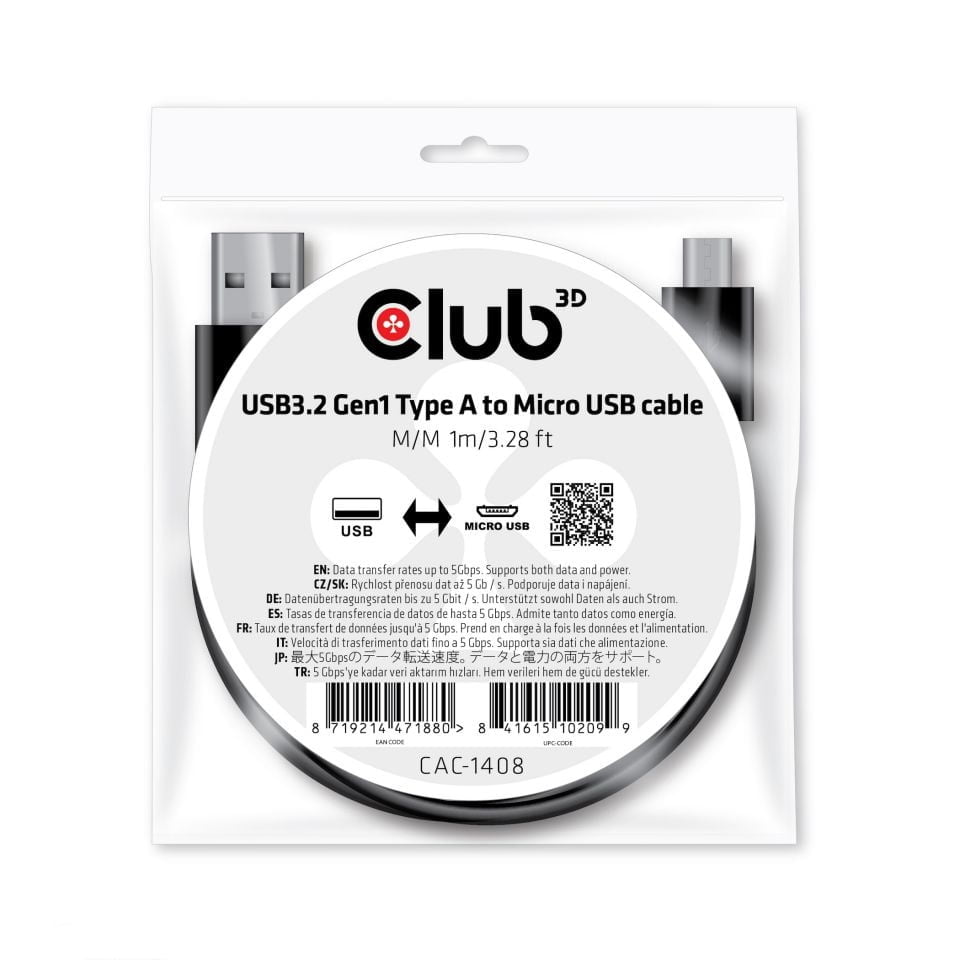 CLUB3D CAC-1408 USB-kabel 1 m USB 3.2 Gen 1 (3.1 Gen 1) USB A Micro-USB B Sort - Billede 2