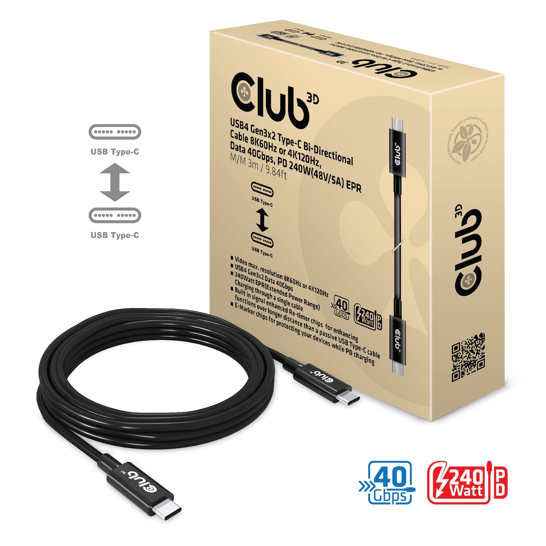 CLUB3D CAC-1579 USB-kabel 3 m USB4 Gen 3x2 USB C Sort - Billede 4