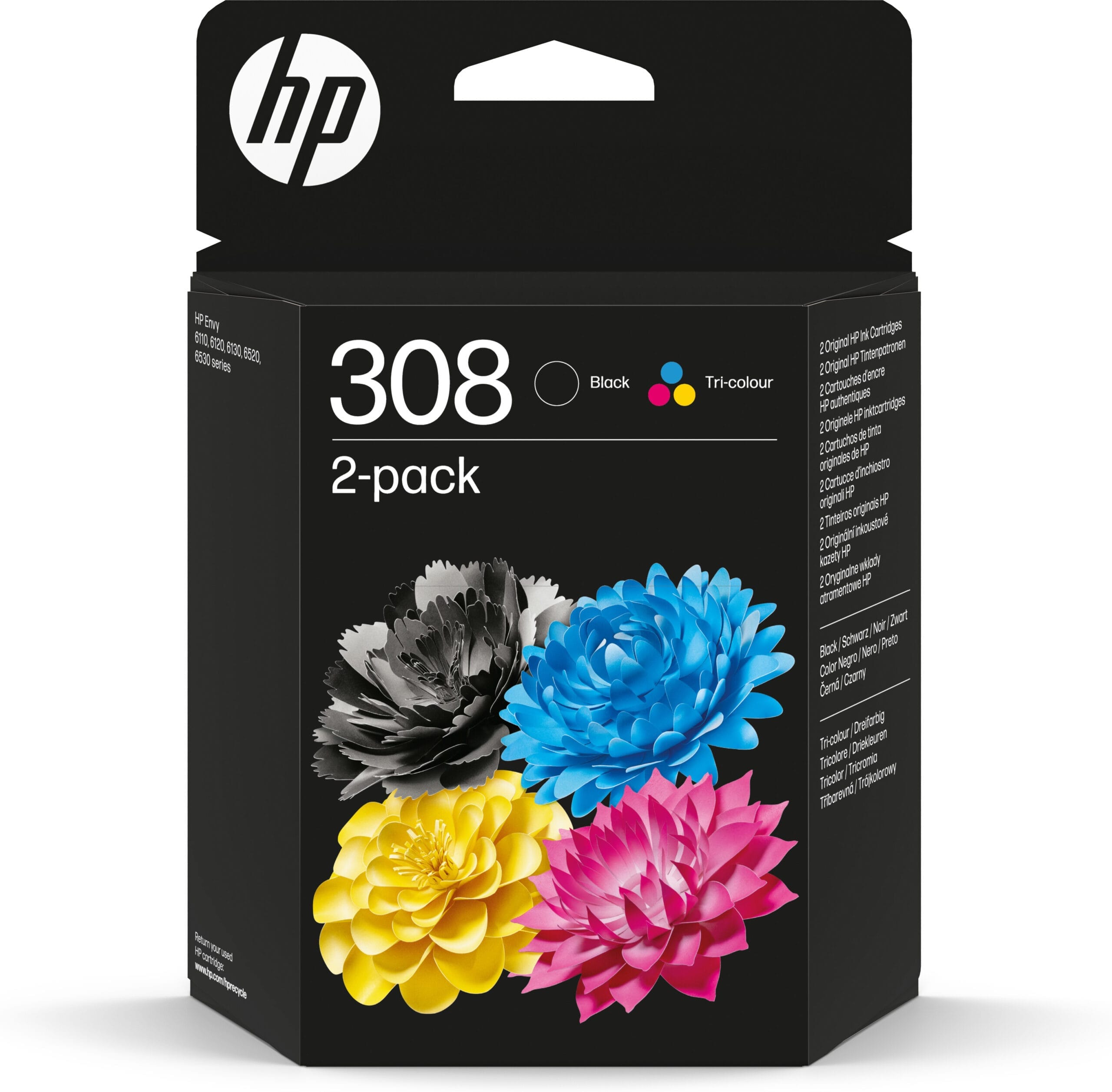 HP 308 2-Pack Black/Tri-color Original Ink Cartridge Combo blækpatron Standard udbytte Sort, Blå, Magenta, Gul