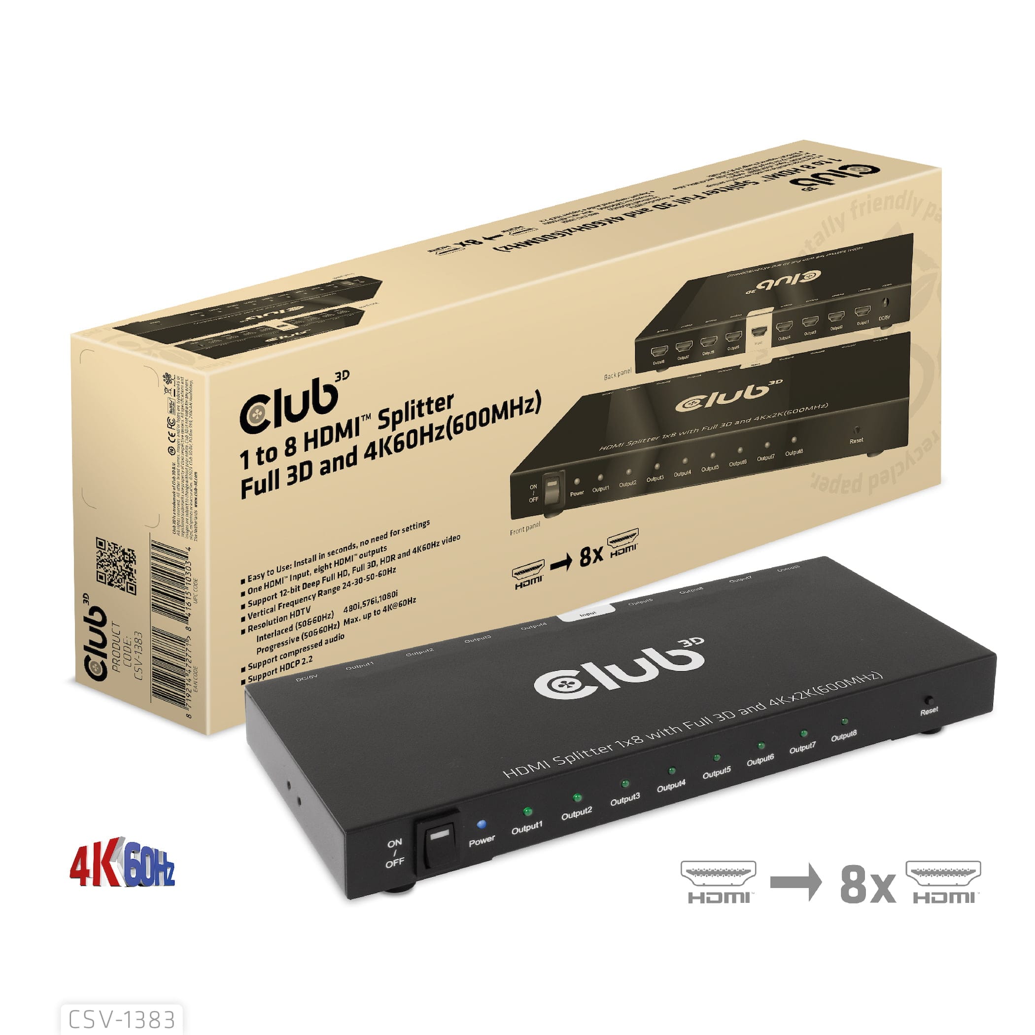 CLUB3D CSV-1383 video-splitter HDMI 8x HDMI - Billede 3